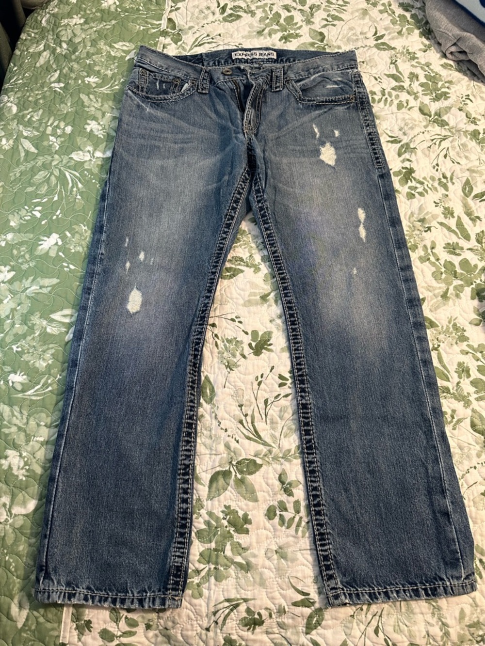 Express Men's Straight Jeans in Washed Blue with Distress